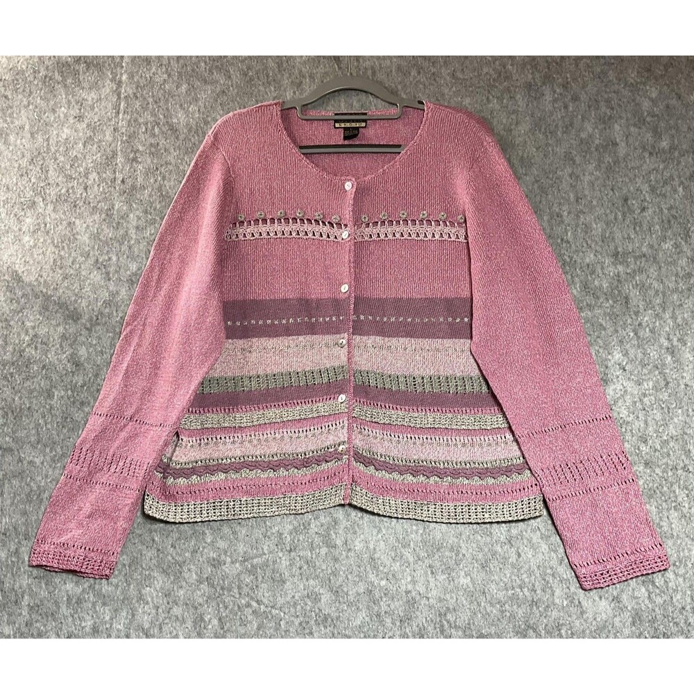 Sigrid Olsen Cardigan Sweater Womens Large Pink Striped Silk Blend Knit Cottage